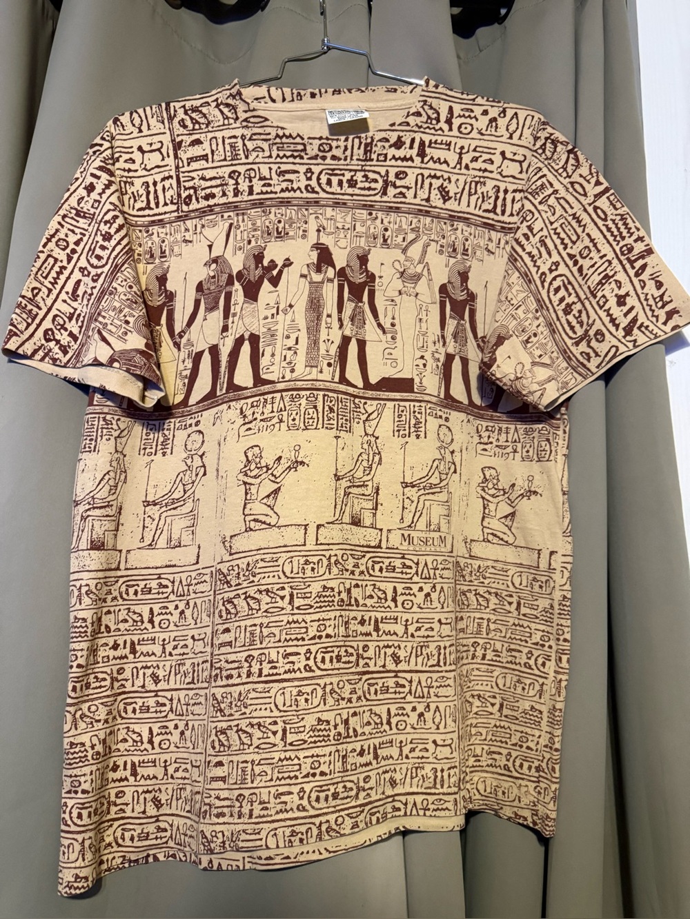 Vintage’90 Egyptian Hieroglyph All Over Print Short Sleeve Shirt - Beige/Brown